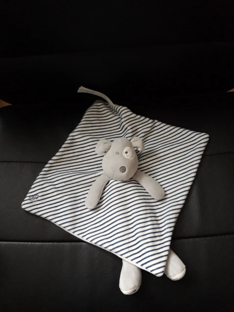 Doudou plat chien rayé bleu jambes gris OBAIBI OKAIDI dessous blanc coquard TBE