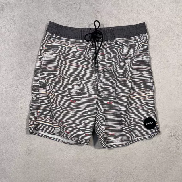 RVCA Board Shorts Mens Size 34 Waist Gray Striped Surf Swim Trunks Pool Beach