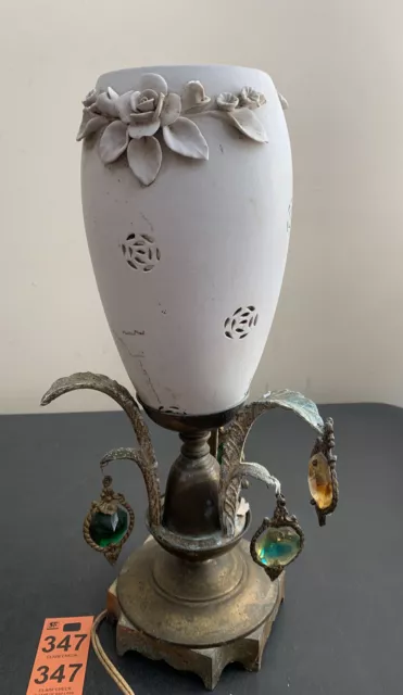 Vintage Floral Ceramic With Crystal Prisms And Ornate Brass Parlor Table Lamp