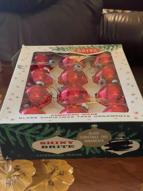 Vintage Shiny Brite Christmas Ornaments Set 24 Red 1 Original Box Glass MCM