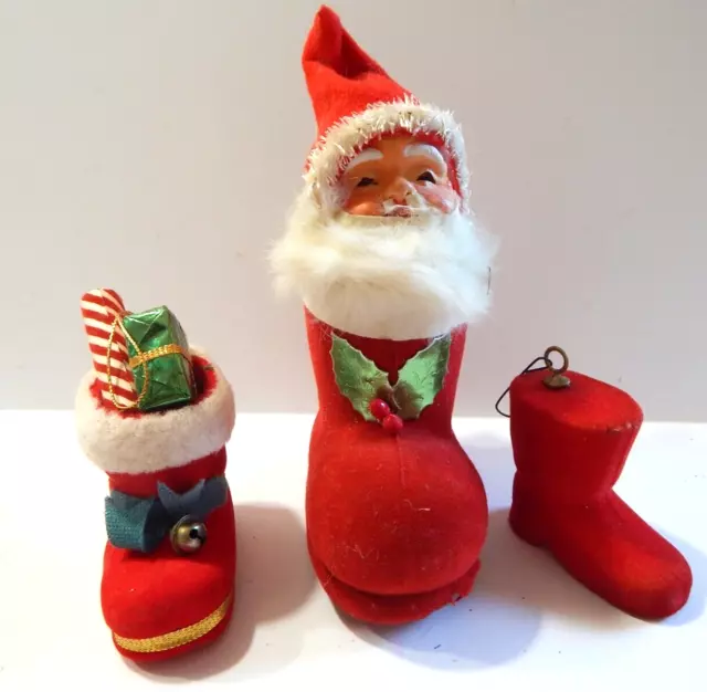 Lot of Vintage Christmas Flocked Santa in Boot Japan Ornaments