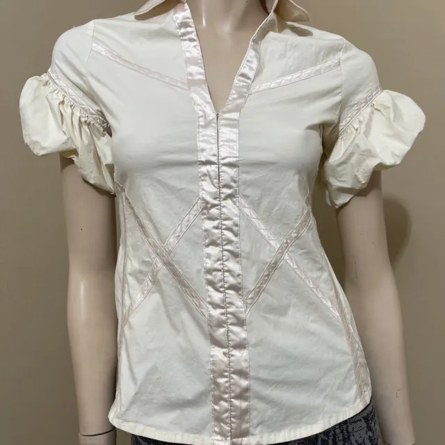 Women’s Ivory Cotton Casual Stretch Slim Lace Hooks Size S Button Up Blouse Top