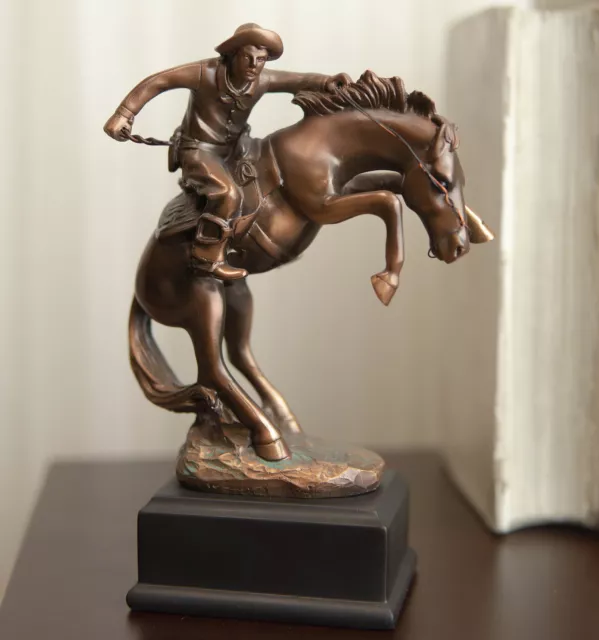 Ebros Rustic Western Rodeo Cowboy W/ Rearing Horse Bronze Electroplated Figurine