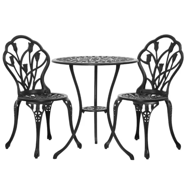 3 Piece Outdoor Setting Chairs Table Bistro Set Cast Aluminum Garden Patio Black