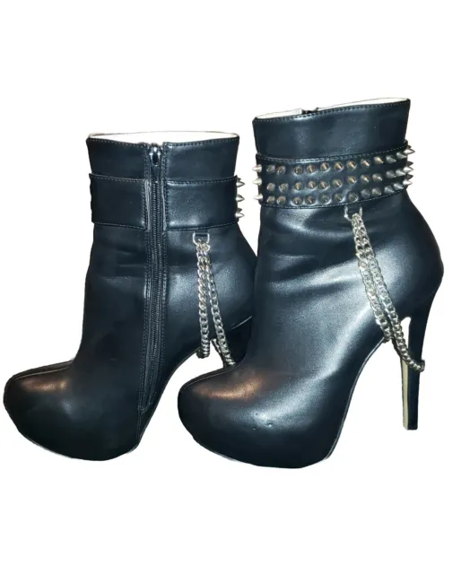 Sexy Spikes And Chains Faux Black Leather Booties Ankle Boots Womens Size 8.5
