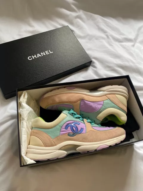 CHANEL CC RUNNERS Trainers Nylon Suede Green Purple & Pink - Size