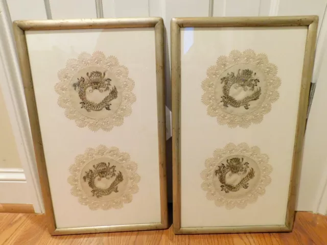 Matched Pair of Chinese Dragon Embroidered Doilies Framed