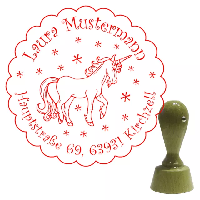 Adressstempel Holzstempel Kinder Stempel Name rund Ø 40 mm Motiv * Einhorn 1