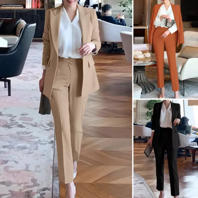 Women Wide Leg Trousers Blazer And Pants Suit Set Ladies Regular Fit Solid Color