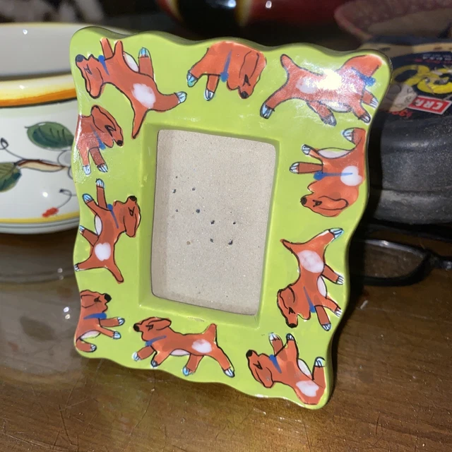 vtg child’s picture frame green dogs 4”x3” for 2.5x1.5 Photo artist signed 97’