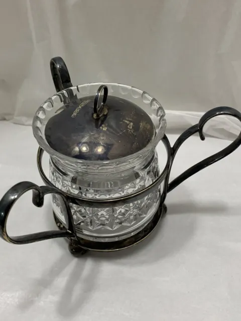 antique English sterling silver crystal condiment jar in stand ball feet