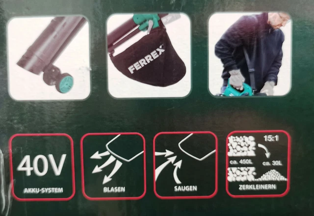 FERREX AKKU LAUBSAUGER Laubbläser Häcksler Schredder Fangsack 45 L EUR