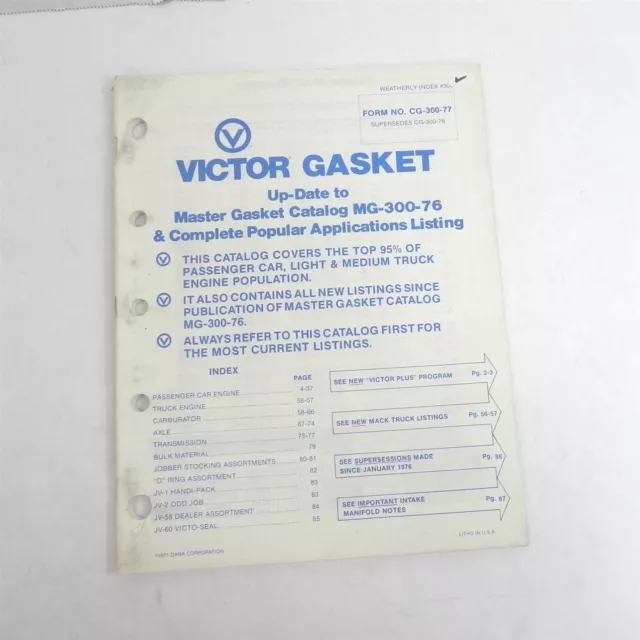 1977 Victor Gasket Master Catalog All Makes Models Parts Accessories Rebuilds