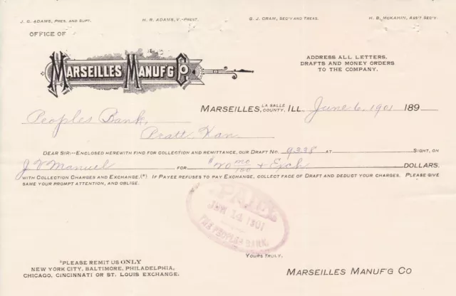 U.S. MARSEILLES MANUFG CO. Marseilles,ill. Logo 1901 Headed Paid Invoice Rf44340