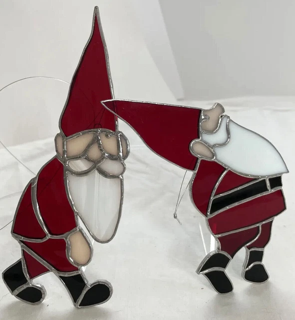 Handmade Stained Glass Christmas Santa Gnomes - Red Hat and Suit 8"