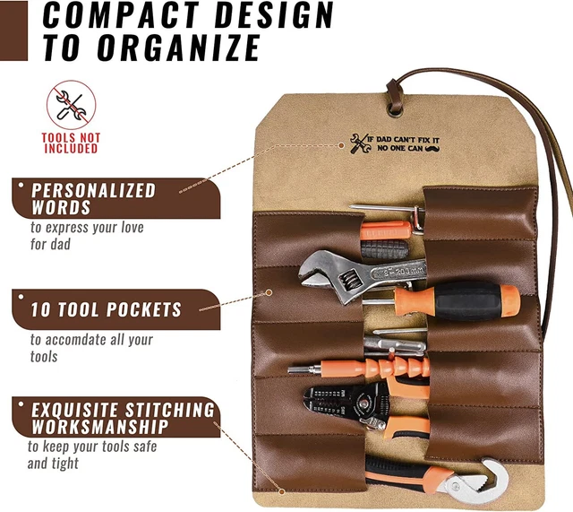 PU Leather Tool Roll Up Bag Birthday Gifts for Dad from Daughter Son Wife etc.,