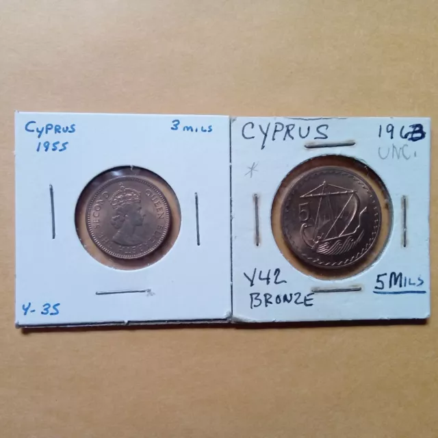 Coins Cyprus  1955  3 Mils, 1963 5 Mils Unc.