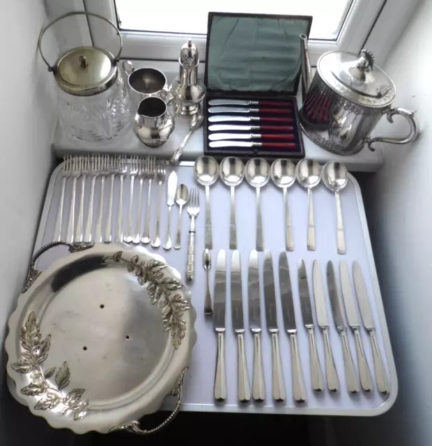 Antique Vintage Silver Plated Walker & Hall Spoons Teapot Sanderson Cutlery Lot