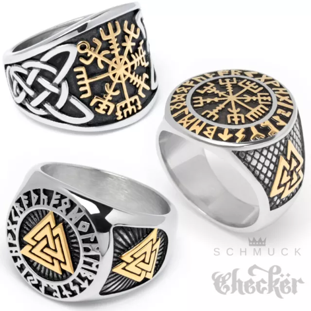 Massive WIkinger-Ringe silber & gold aus Edelstahl Nordischer Schmuck Bikerringe