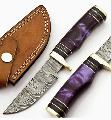 CUSTOM Handmade Damascus Steel Hunting Skinner Knife Resin Handle With Leather