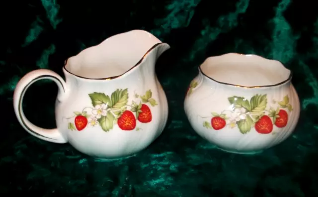 Queens Virginia Strawberry Milk / Cream Jug 3.5" and Open Sugar Bowl Gold Rim