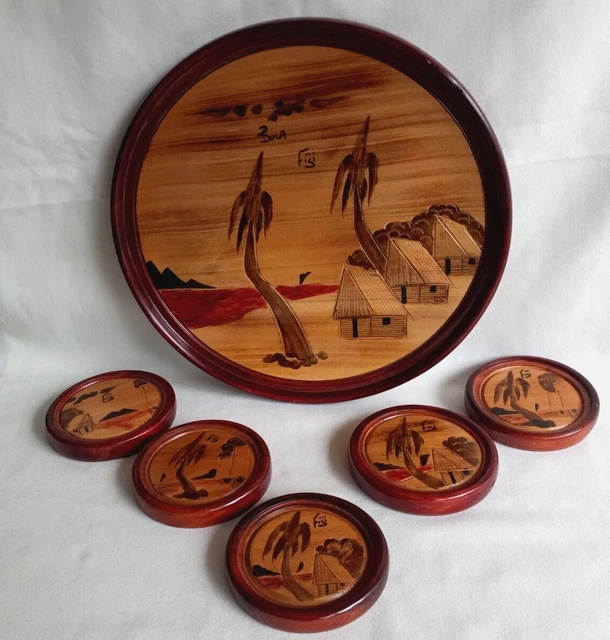 FIJI Hand Made and Decorated Wooden Tray with 5 Coasters. "Bula" (Hello) Fiji