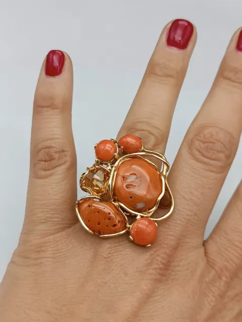 anello donna argento placcato oro vero corallo rosso di Sardegna quarzo citrino