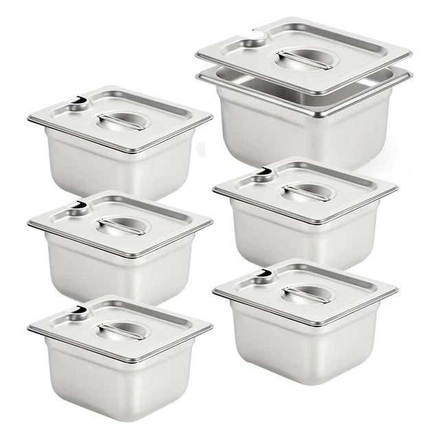 6 Pack -Jam Slotted Hotel Pans with Lids, 1/6 Size 4 Inch Deep, Commercial K3S5