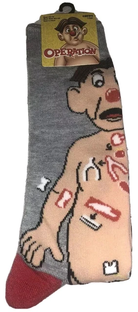 Operation Game Crew Socks 1 Pair Mens 6.5-12 Grey White NEW! Board Cavity Sam