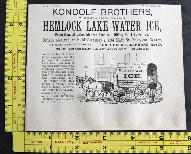 RARE Antique 1899 Ad - Kondolf Brothers Hemlock Lake Water Ice Rochester NY Vtg
