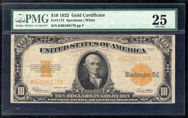 Fr. 1173 1922 $10 Ten Dollars Gold Certificate Note “Hillegas” Pmg Very Fine-25