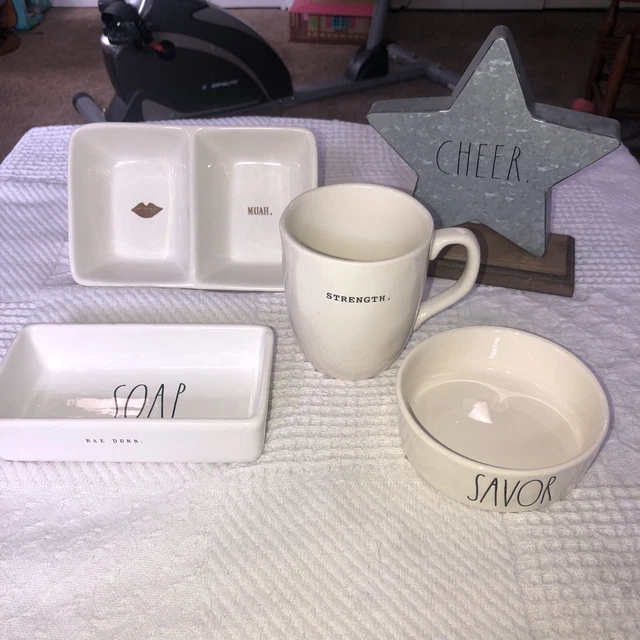 Rae Dunn Lot Of 5 Pieces Trinket Dish Mug Decor SAVOR SOAP CHEER STRENGTH MUAH