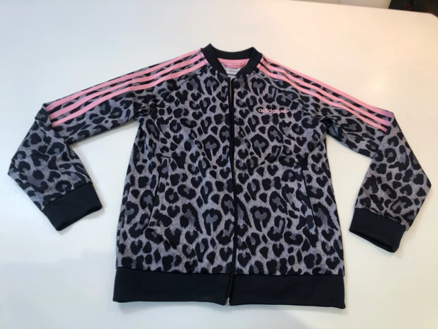 Girls Adidas Track Jacket Age 9-10 leopard print and pink stripes