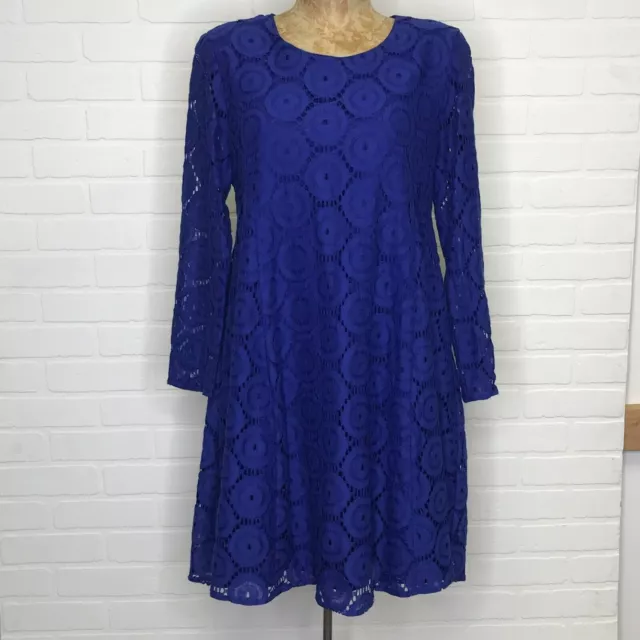 CeCe Dress Womens 8 Blue Lace A Line Crew Neck Semi Sheer Long Sleeve Mini