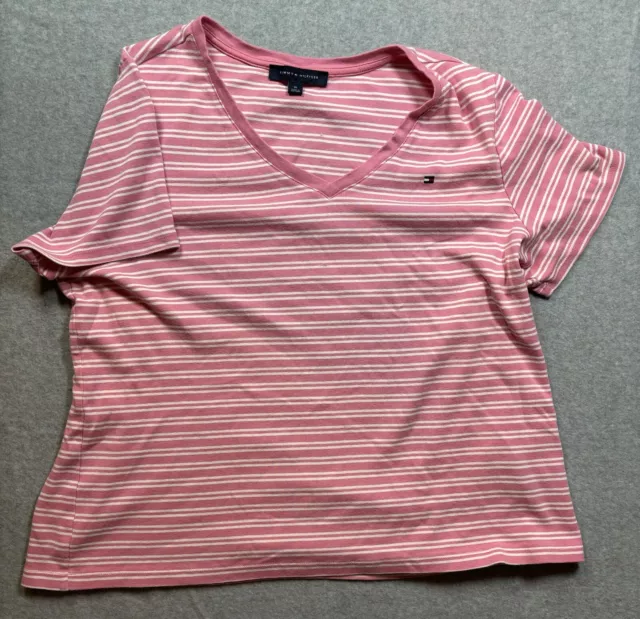 Tommy Hilfiger Womens Flag Tee T-Shirt V-Neck Top Pale Pink Striped NWT 1X Macys