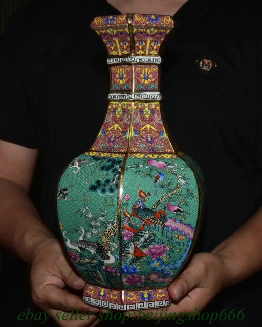 13.2" Qianlong Marked Chinese Famille rose Porcelain Flower Bird Cranes Bottle