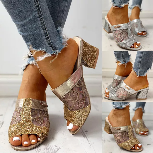 Womens Sequins Mesh Slippers Summer Block Heels Open Toe Sandals Mules Shoe Pump