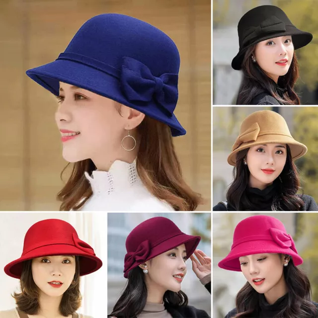 Women Ladies Elegant Retro Wool Felt Bucket Caps Flower Cloche Church Bowler Hat