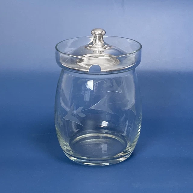 Vintage Etched Crystal Jam / Mustard Jar with Empire Sterling Silver Lid