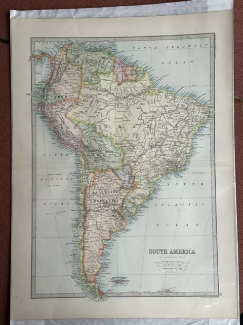 1890 Bartholomew SOUTH AMERICA Antique Map