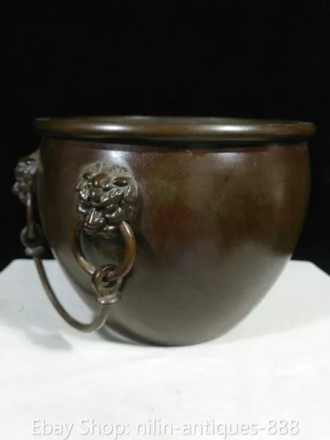 6" Old Chinese Pure Bronze Dynasty Fengshui lion ear  lucky jar pot tank crock 2