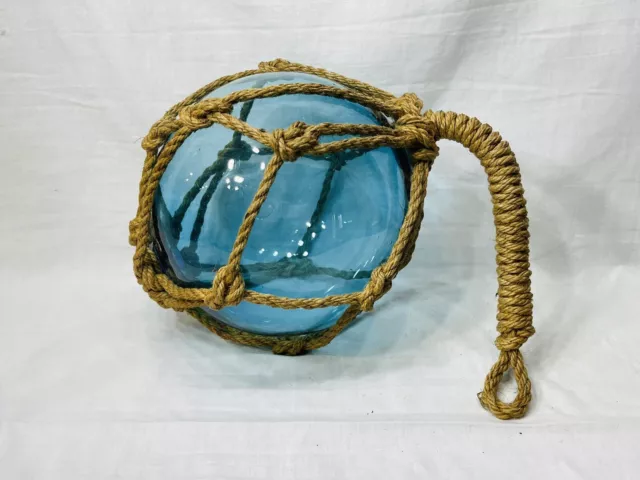 Vintage 8” Japanese Glass Fish Net Float Aqua Blue Original Netting
