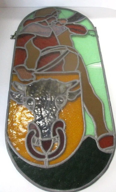 Vintage Stained Glass Window Man with Horn and Shield with Bull 20" x 9.5"