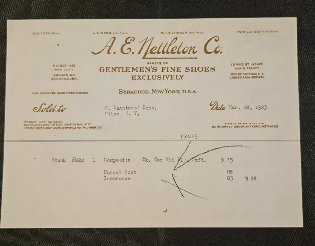 1923 A E Nettleton Co Gentlemen's Fine  Shoes Billhead Receipt Syracuse, NY