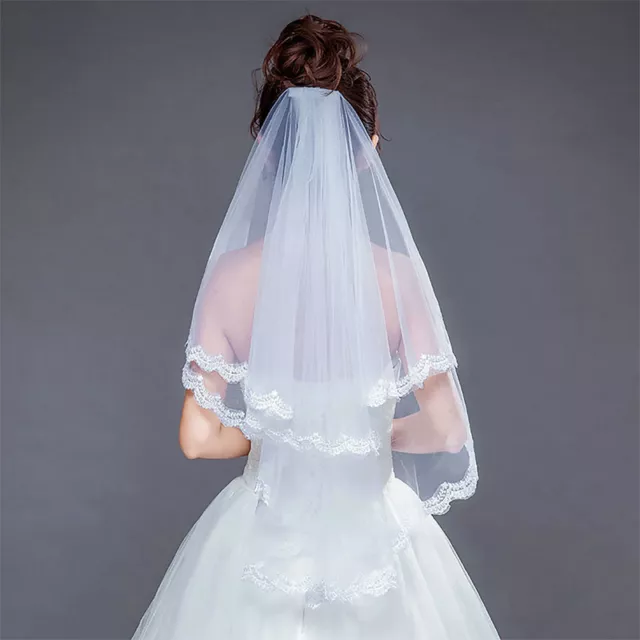 White Two Layers Tulle Short Wedding Veil Lace Edge Bridal Veil Hair Comb