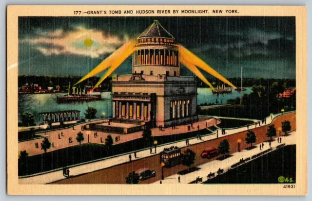 New York - Grant's Tomb & Hudson River by Moonlight - Vintage Postcard