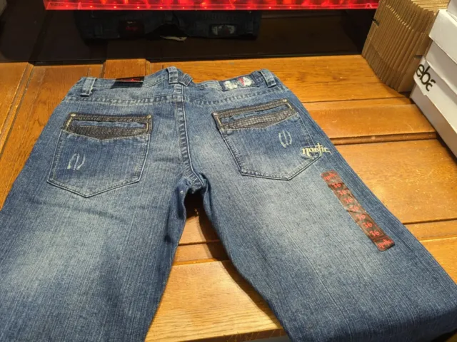 New Nostic Dark Wash Jeans Sz 36x34 Leather Look Trim Rear Pockets W/ Stitching