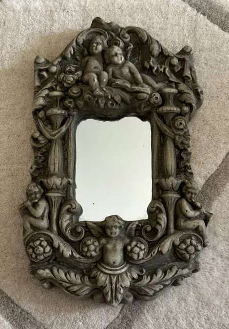 Vintage Weathered 3d Concrete Cherub Roses Flower Garden Wall Mirror Decor 13x9