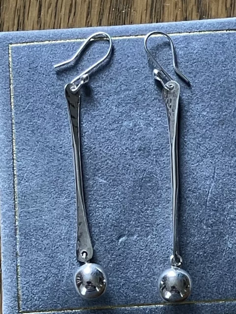 Sterling Silver Earrings Long Curved Hammered Lengths With Dangly Balls