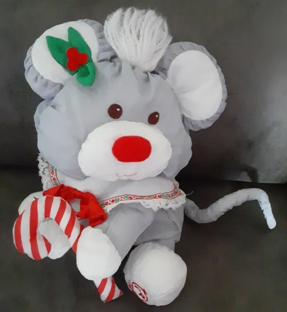 Vintage Fisher Price Puffalump Christmas Mouse 11" Stuffed Animal W/Candy Cane